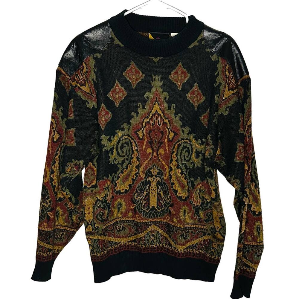 Vintage International Index Acrylic Black & Gold Funky Pattern Sweater Size S